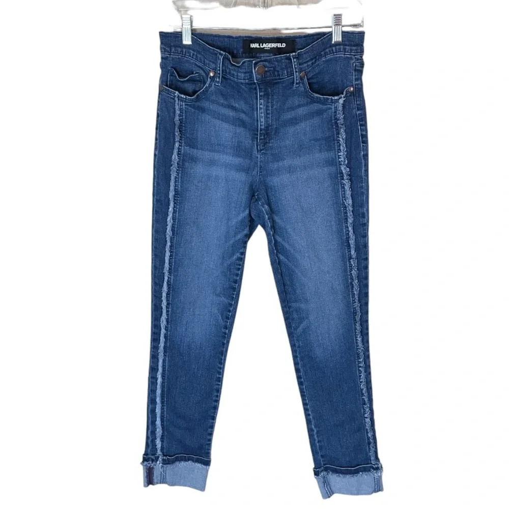 Karl Laderfeld Paris Cropped‎ Denim Fringe Accent Blue Jean Cuffed Women Size 10